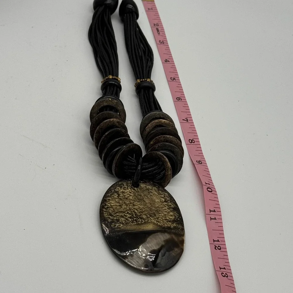 Vtg Modernist Multi Strand Cord Bib Necklace Gold Leaf Glazed Ceramic Disc Penda